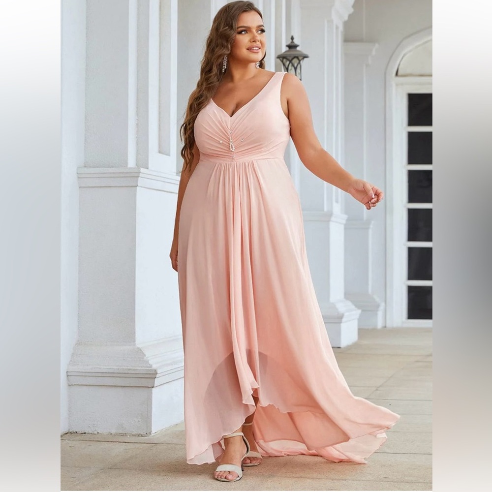 NWT Plus Size Chiffon Formal V-Neck High-Low Cocktail Dress - Baby Pink